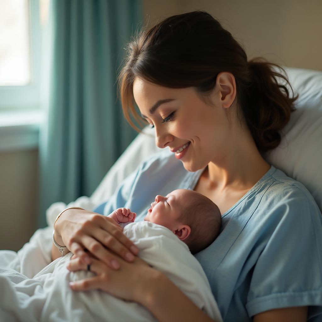 Mãe feliz com bebê recém-nascido no hospital