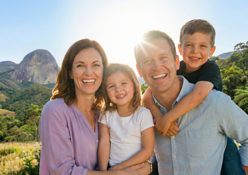 Família ao ar livre representando o cuidado do Mater Dei em todas as fases da vida